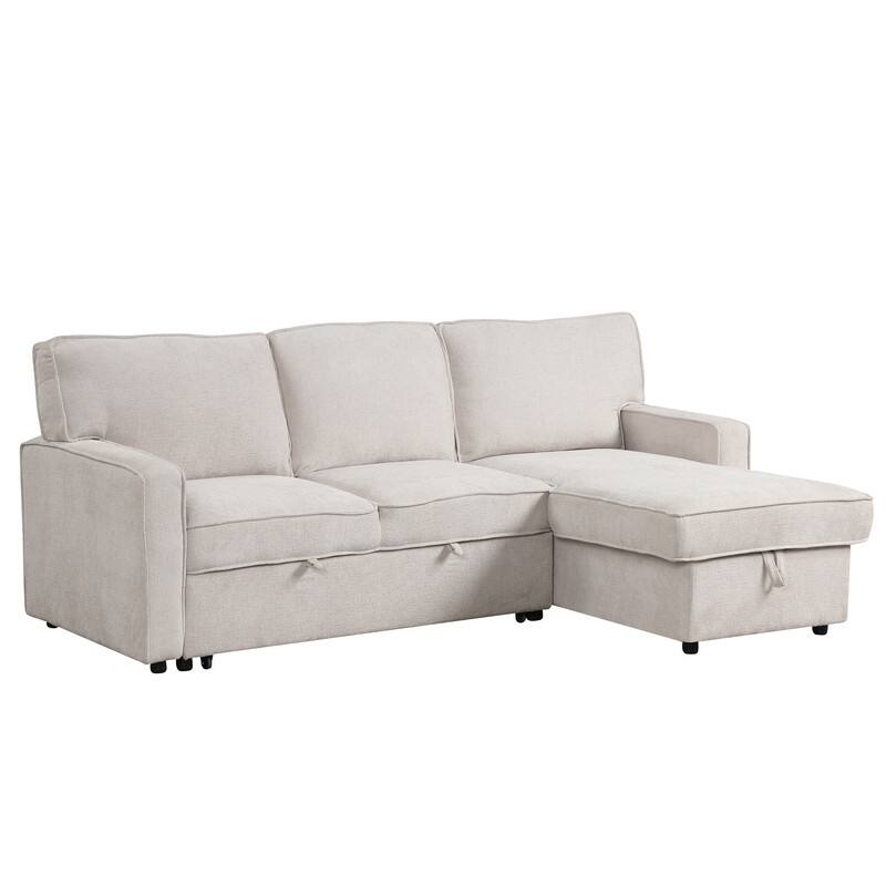 Upholstery Sleeper Sectional Sofa with Storage and 2 Cup Holder, Modern Corner Sectional with Pull-Out Sleeper and USB port
