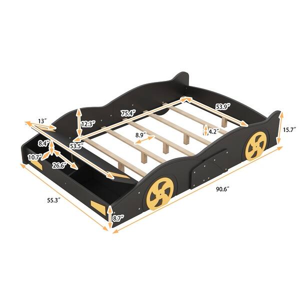 dimension image slide 1 of 2, Full Size Race Car-Themed Platform Bed with Functional Wheels and Built-in Storage