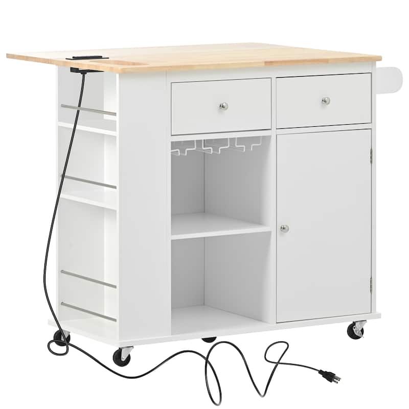 Kitchen Island with Power Outlet,Kitchen Storage Island with Drop Leaf and Rubber Wood,Open Storage and Wine Rack,5 Wheels