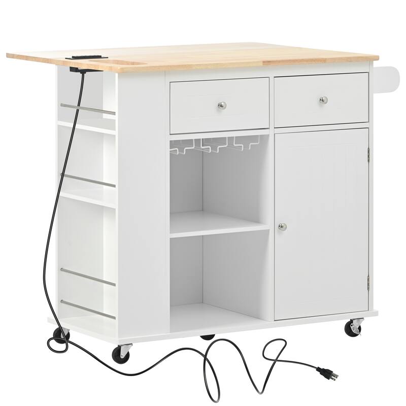 Removable Kitchen Island with Power Outlet, Wine Rack, Simple Storage Cabinet with Stemware Holder and 2 Drawers, White