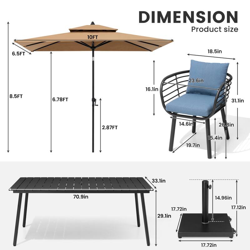 9-Piece Outdoor Patio Dining Set w/10 ft Umbrella and Base Aluminum Dining Table and Chairs with Sunbrella Cushion