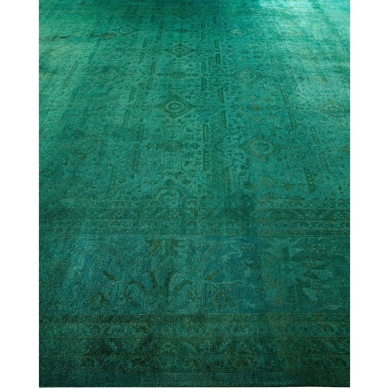 Overton Hand Knotted Wool Vintage Inspired Modern Contemporary Overdyed Green Area Rug - 11' 10" x 15' 9"