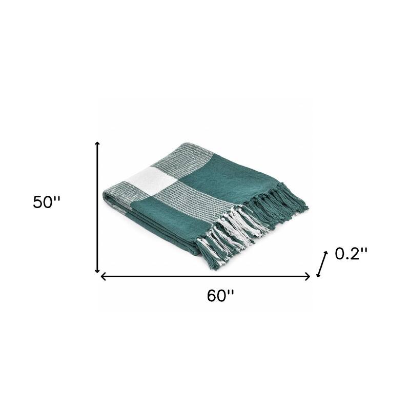 50" X 60" Green Woven Cotton Checkered Throw Blanket with Fringe