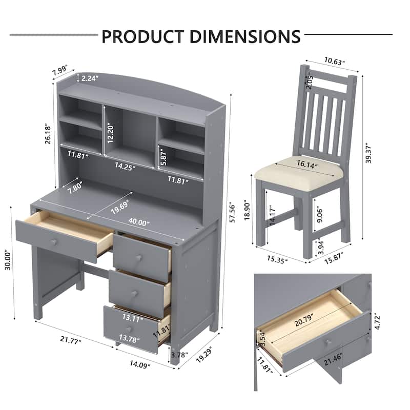 Roomfitters 40-Inch Executive Home Office Desk and Upholstered Chair Set with Bookshelf, Gray