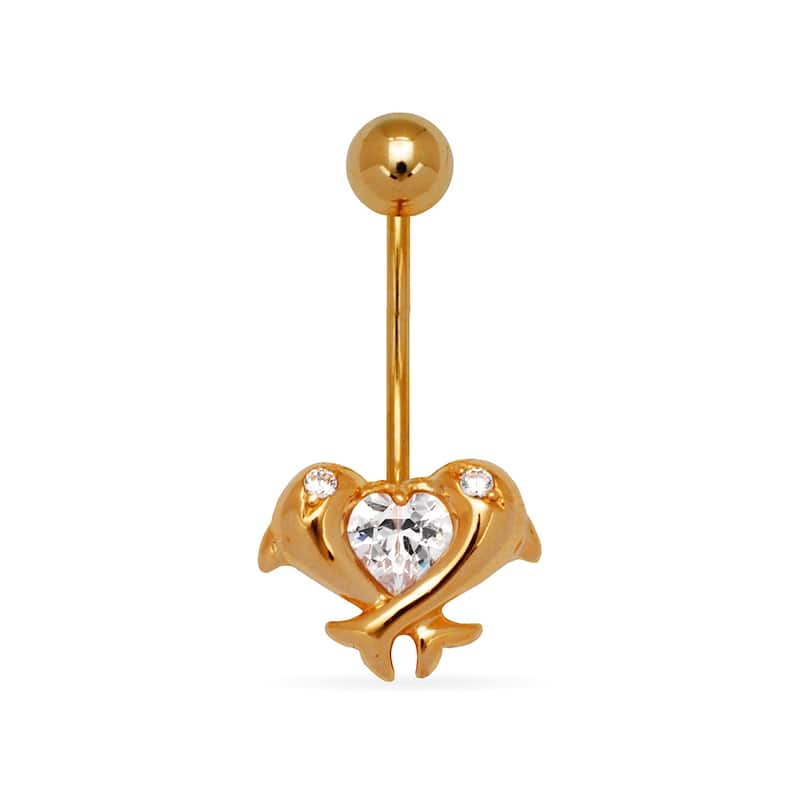 Curata 14k Yellow or White Gold 14-Gauge Cubic Zirconia Kissing Dolphins Belly Ring - Yellow Gold