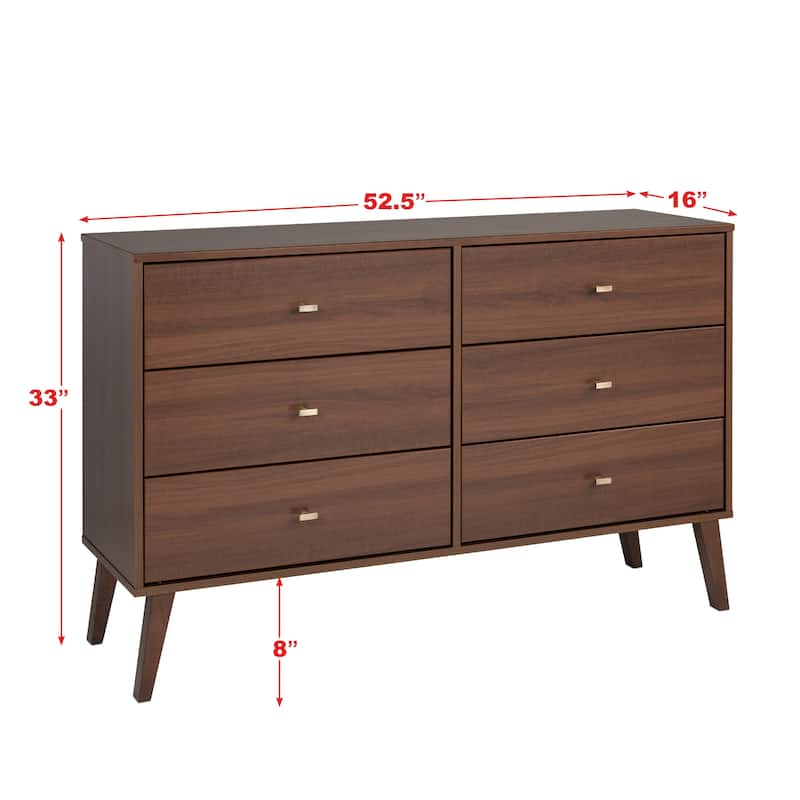 Prepac Milo Mid-Century Modern 6 Drawer Double Dresser for Bedroom, Chest of Drawers, Contemporary Bedroom Furniture