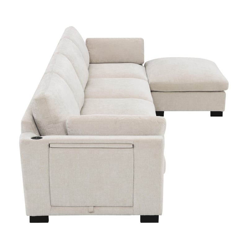 130" Modular Chenille L-Shaped Sectional Sofa with Folding Table and Dual-Port Charging, Ottoman