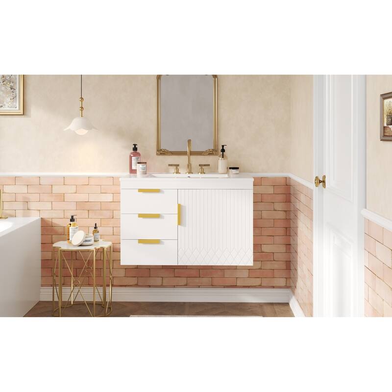 Roomfitters 30 Inch Wall Mounted Bathroom Vanity, Floating Storage Cabinet with Ceramic Basin Sink & Soft Close Door