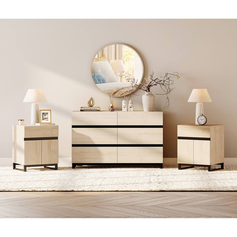 3-Piece Dresser And Nightstand Set, Dresser With 6 Drawers, 2 Nightstand for Bedroom, Bedroom Furniture Set