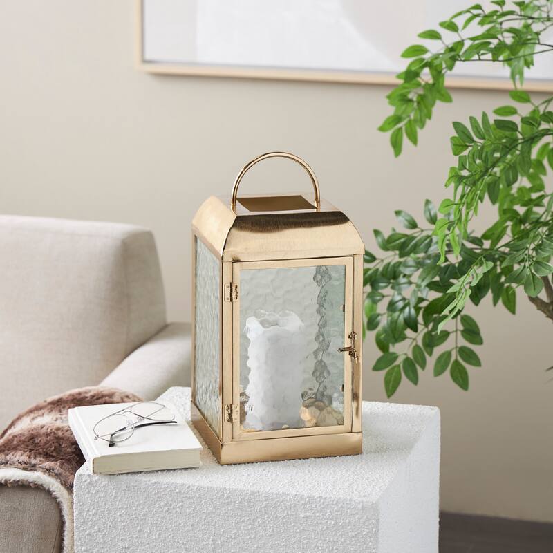 Gold Metal Indoor Outdoor Candle Lantern with Pebbled Glass - Gold