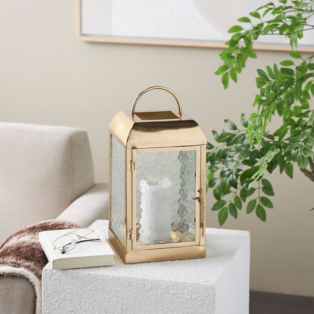 Gold Metal Indoor Outdoor Candle Lantern with Pebbled Glass