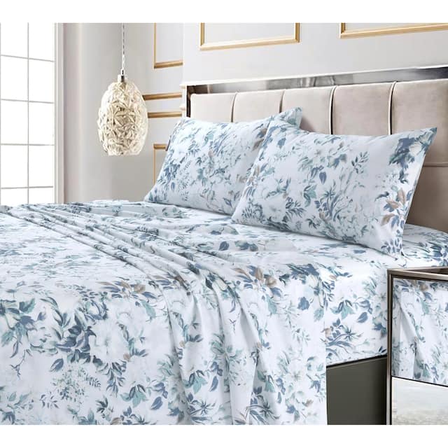 300 Thread Count Cotton Ultra-soft Printed Deep Pocket Bed Sheet Set - Queen - vernazza blue-multi