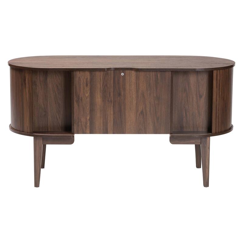 Hayes Wood Writing Desk - Mid-Century Modern Oval Desk with Locking Drawer and Sliding Tambour Doors for Office or Home