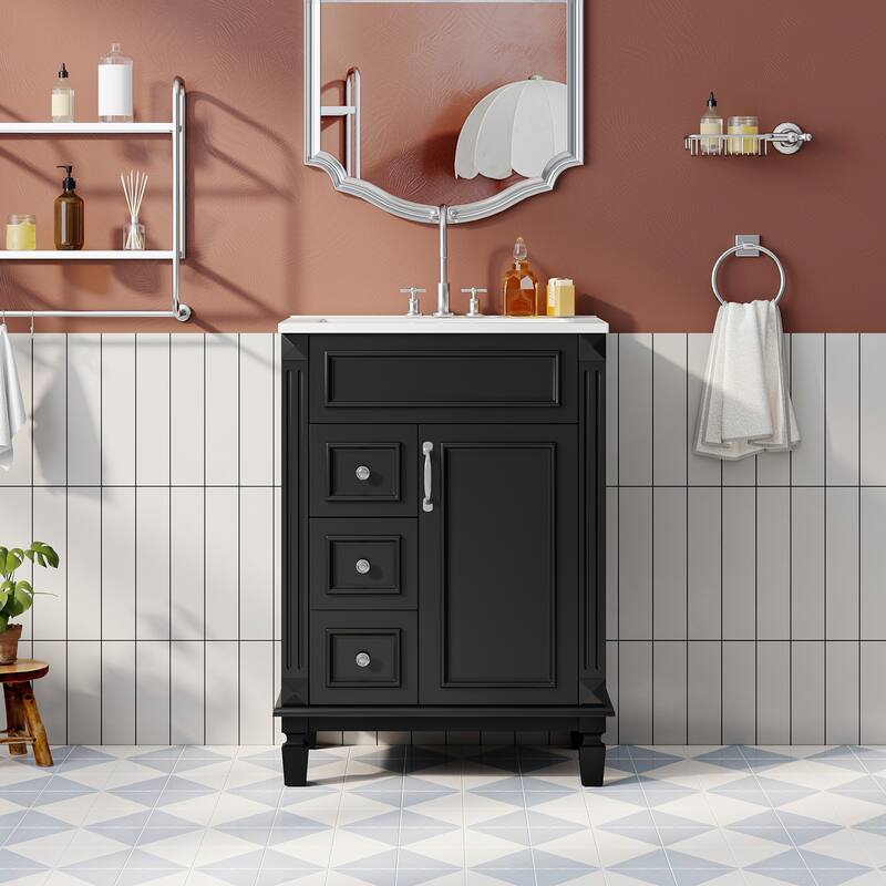 24" Bathroom Vanity with Ceramic Sink - Modern 2-Drawer Storage Cabinet, Adjustable Shelf, Space-Saving Design