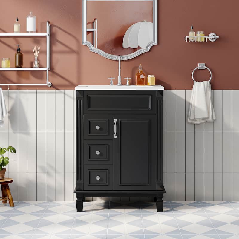24" Bathroom Vanity with Ceramic Sink Bathroom Storage Cabinet with 2 Drawers and Adjustable Shelf - Black