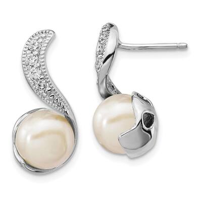 Sterling Silver Rhod Plated CZ & FWC Pearl Swirl Dangle Earrings (L-20 mm, W-9 mm)