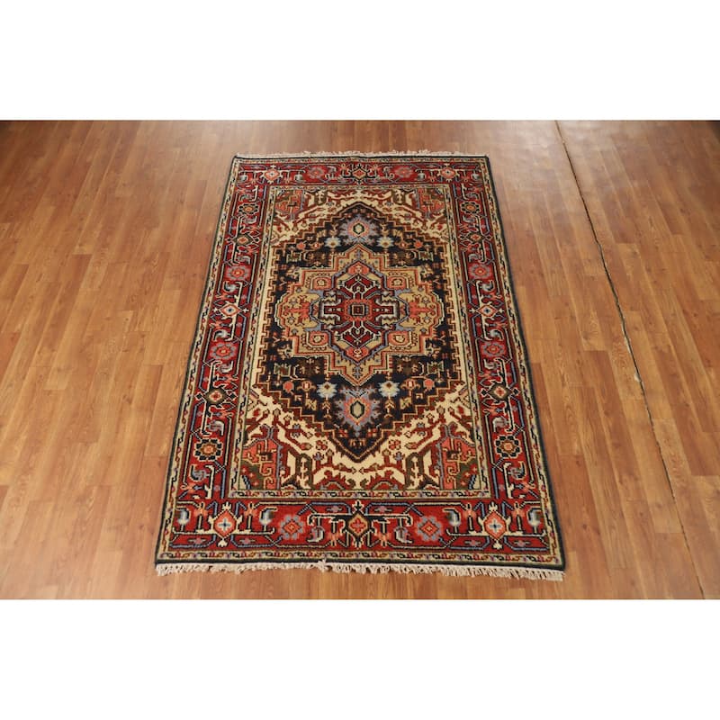 Hand Knotted Oriental 100% Wool Carpet Traditional Medallion Navy Blue & Blues Heriz (serapi) Area Rug - 5' 11'' X 4' 0''