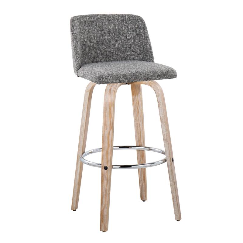 The Gray Barn Vallberga 30" Fixed-Height Bar Stool with White Washed Wood Base (Set of 2) - Grey Noise Fabric/Round Chrome Footrest