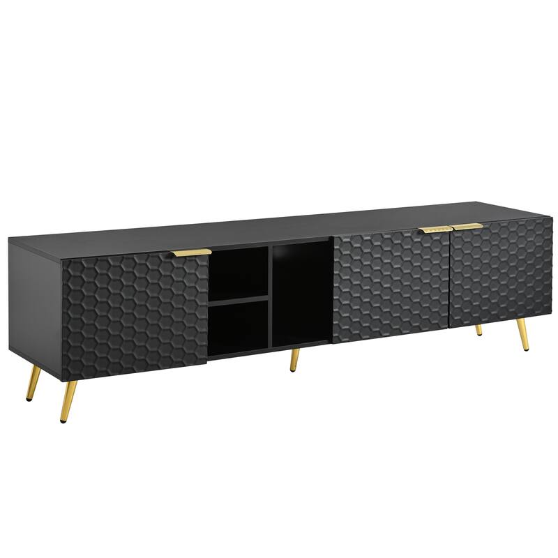 71" Minimalist TV Cabinet with Geometric Honeycomb Pattern - Gold Accents, Cable Management, Storage