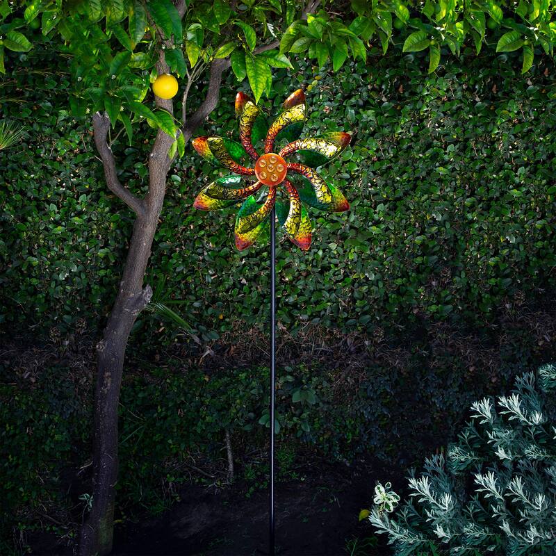 Alpine Corporation 64" Tall Floral Windmill Stake with Jeweled Kinetic Spinner, Green and Orange