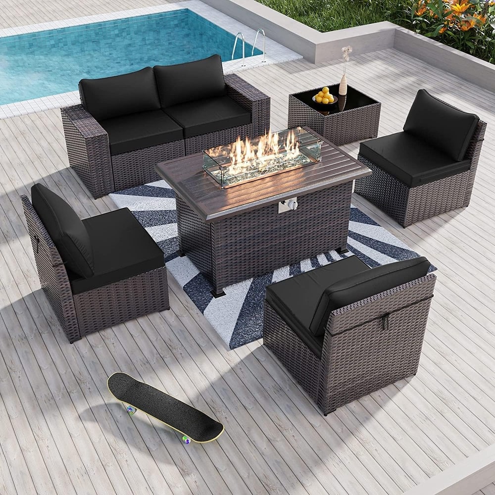 Outdoor Patio Furniture Set, All Weather PE Wicker Sectional Conversion Sofa set with Firepit(Optional)