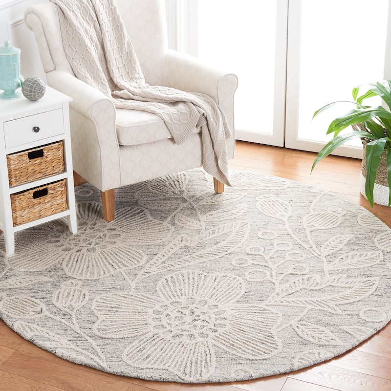 SAFAVIEH Handmade Jardin Mevlija Floral Wool Rug - 6' Round - Grey/Ivory - Round