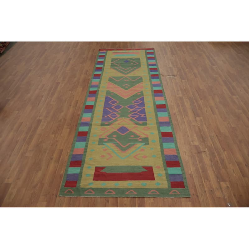 Hand Woven Oriental 100% Wool Carpet Southwestern Tribal Green Kilim Runner Rug - 11' 8'' X 4' 0''