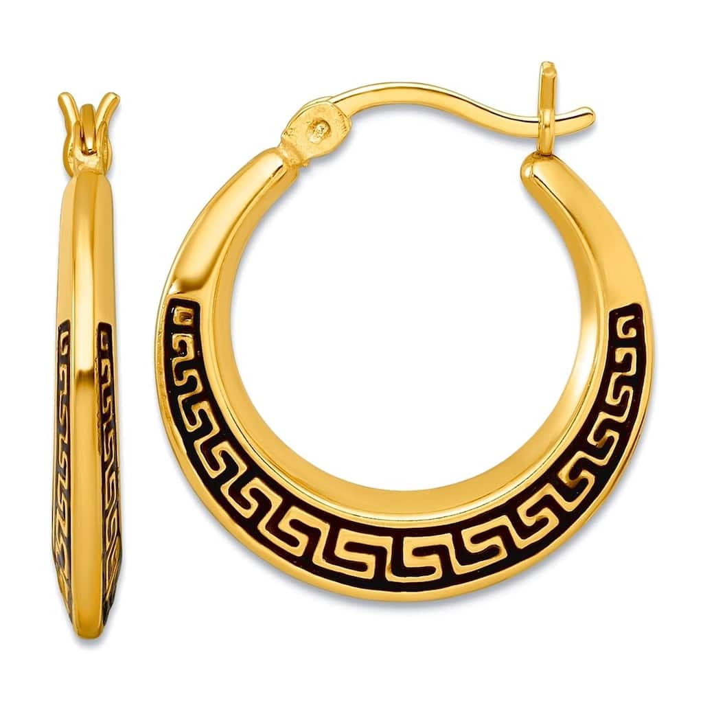 Curata 925 Sterling Silver Rhodium or Gold Plated Black Enamel Greek Key Hoop Earrings - 22x2mm