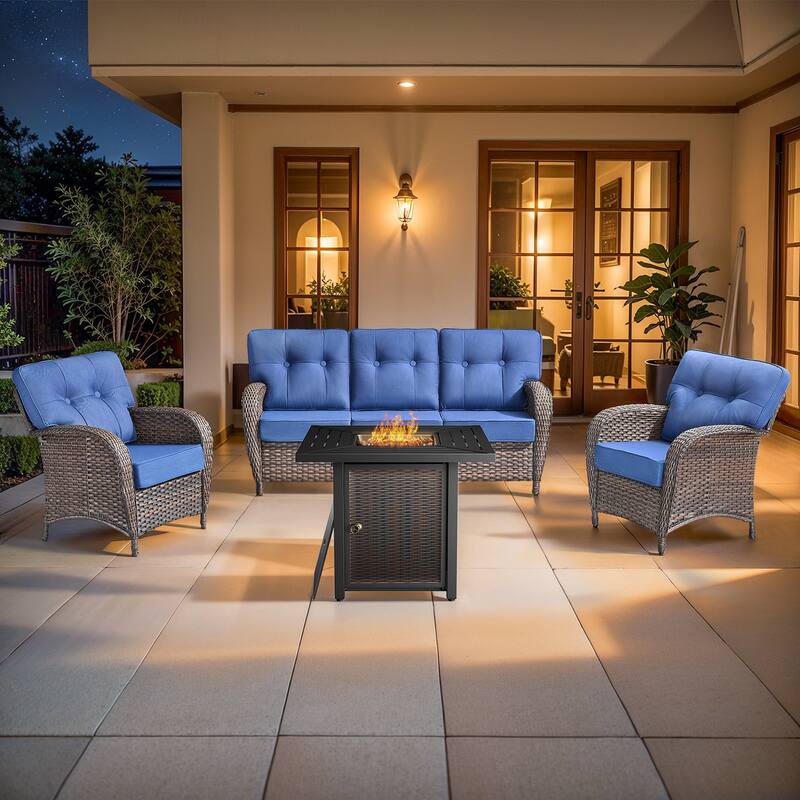 Pocassy Outdoor 30 In Fire Table with Sofa Patio Chair Set - Brown Wicker Blue Cushion - 6-Piece Sofa Patio Chair with Fire Pit Table