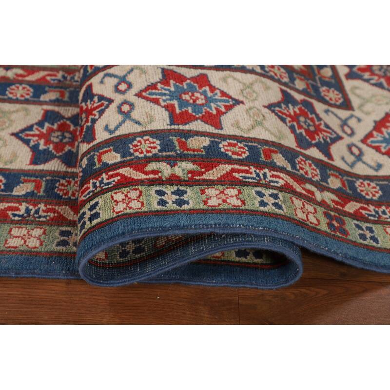 Blue Geometric Kazak Large Area Rug Hand-Knotted Wool Carpet - 9'9" x 13'2"