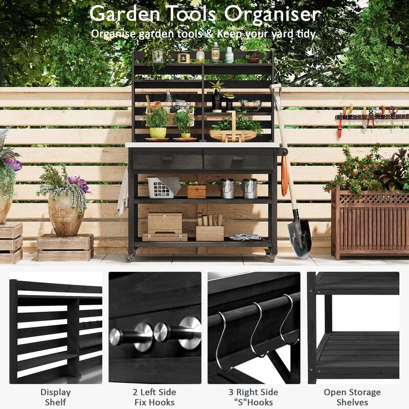64.9"H Outdoor Potting Table with Lockable Wheels,Solid Wood Kitchen Island with Upper Hutch,Stainless Steel Top,Towel Rack