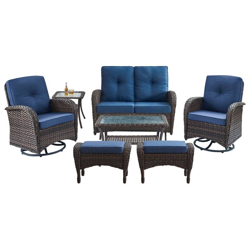 Pocassy 7 Pieces Glider Sofa with Swivel Chairs Ottomans Table