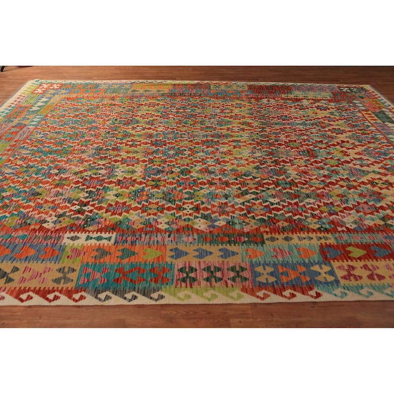 Reversible Kilim Oriental Area Rug Hand-Woven Geometric Wool Carpet - 10'0"x 12'10"