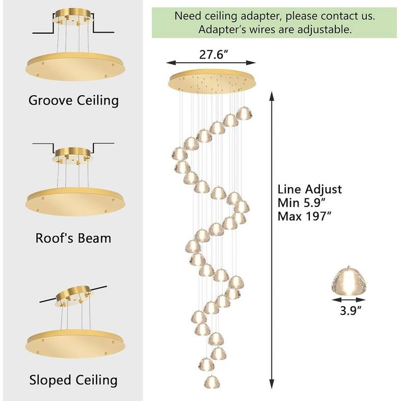 KAYLA 30-Lights Gold Modern Crystal Chandelier for Staircases, 157" Extra-Long Adjustable LED Ceiling Light