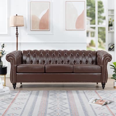 84.65" Rolled Arm Chesterfield Three Seater Sofa: Luxurious Dark PU, Perfect for Elegant Spaces
