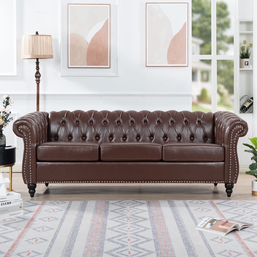 84.65" Rolled Arm Chesterfield Three Seater Sofa: Luxurious Dark PU, Perfect for Elegant Spaces