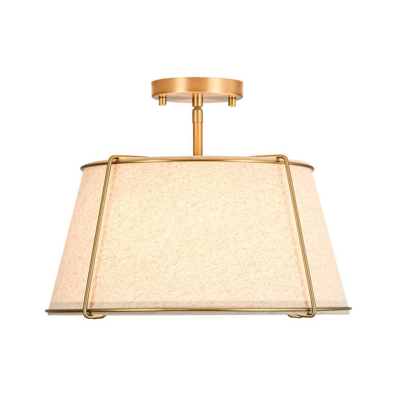 Brass 4-Light Wide Drum Linen Ceiling Light - 17in Mid-Century