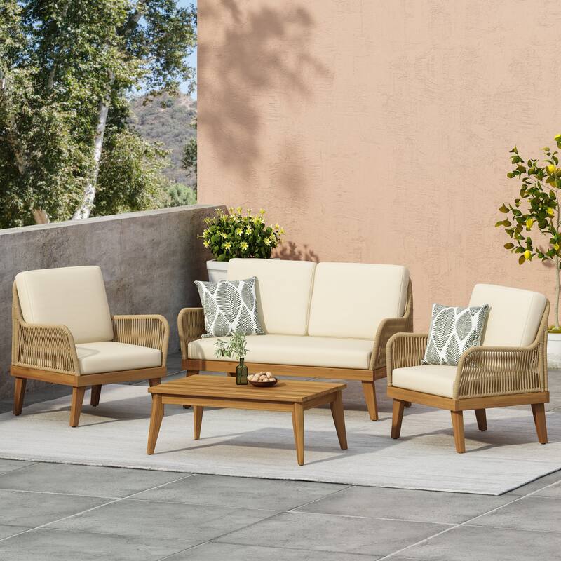 Roomfitters 4 Pcs Outdoor Sofa Set with Loveseat, Coffee Table, Club Chairs, Woven Rattan Frame, Patio Furniture Set, Beige