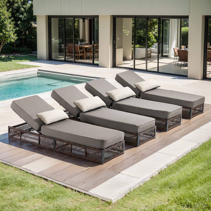 Pocassy Outdoor 5 Inch Reclining Chairs with Adjustable Backrest - 4-Piece Brown Wicker Gray Cushion
