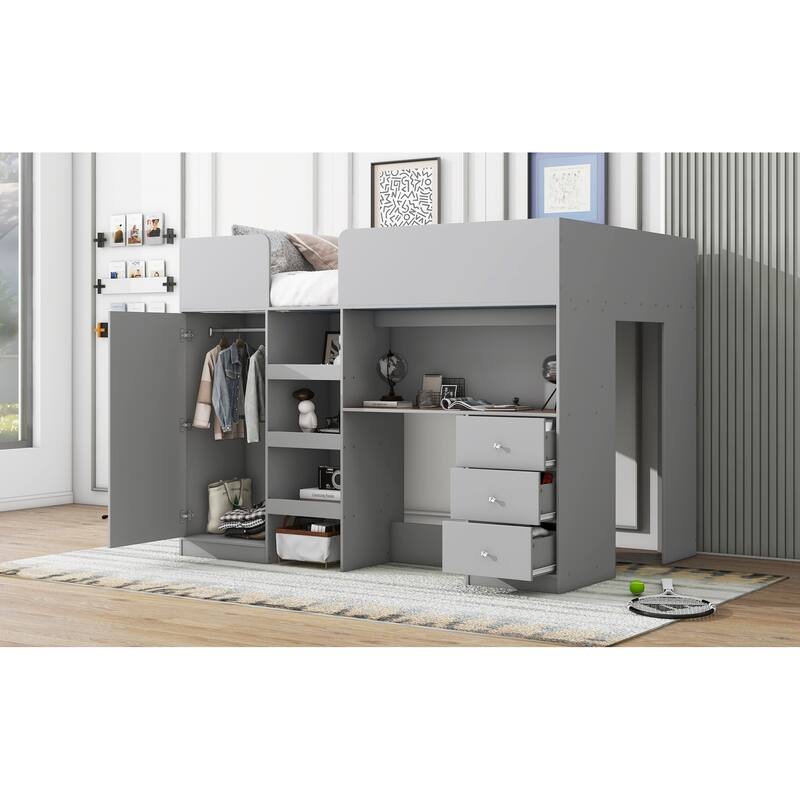 Full Size Loft Bed with Built-in Wardrobe, Desk, Storage Shelves and Drawers, Grey