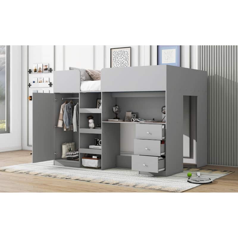Full Size Loft Bed with Desk, Wardrobe, Drawers & Shelves, Wood Frame with Built-In Storage and Study Area