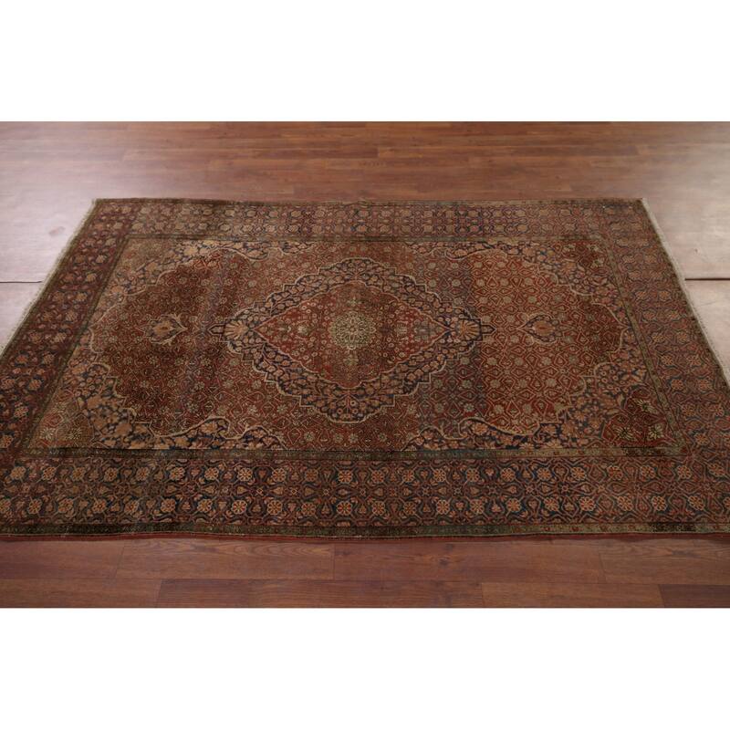 Pre-1900 Antique Kashan Mohtasham Persian Rug Handmade Wool Carpet - 4'4" x 6'5"