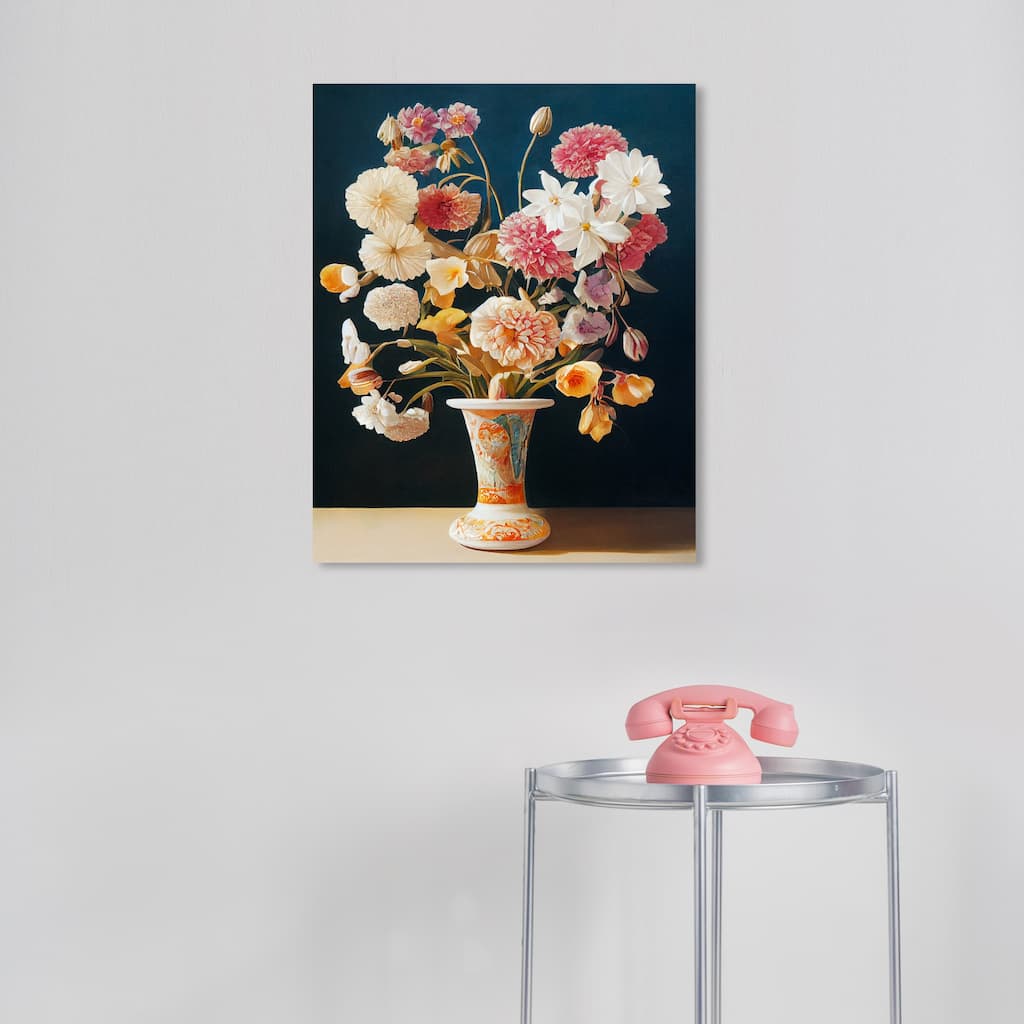 Wynwood Studio Canvas Floral and Botanical Classical Flowers Orange and Dark Blue Traditional Wall Art Canvas Print