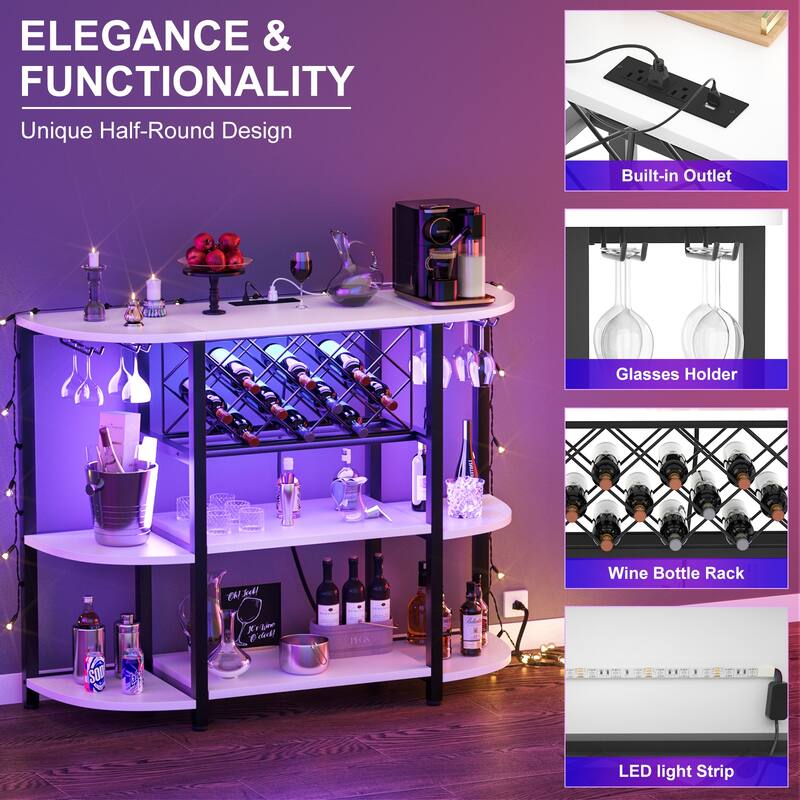 4-Tier Wine Bar Cabinet with Outlet and LED Light,Freestanding Bar Table with Glass Holder and Wine Storage