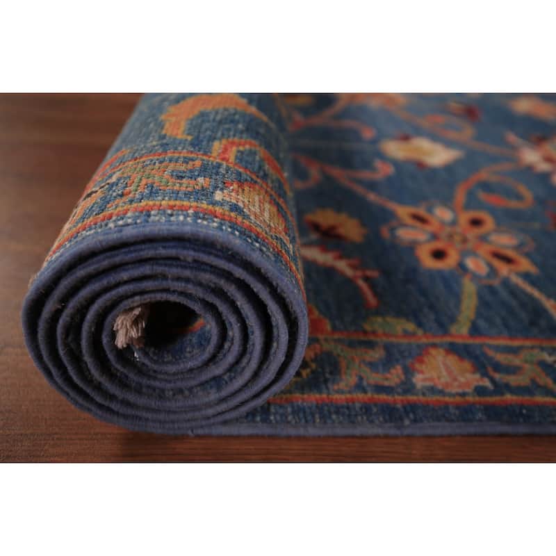 Blue Floral Ziegler Vegetable Dye Runner Rug Hand-Knotted Wool Carpet - 2'8" x 12'3"