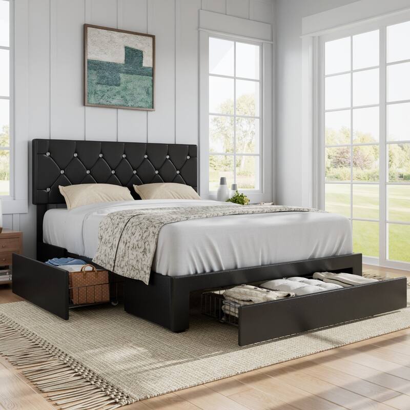 VECELO Bed Frame with Storage Drawers, Leather Upholstered with Diamond Tufted Headboard, Solid Wood Slat Support
