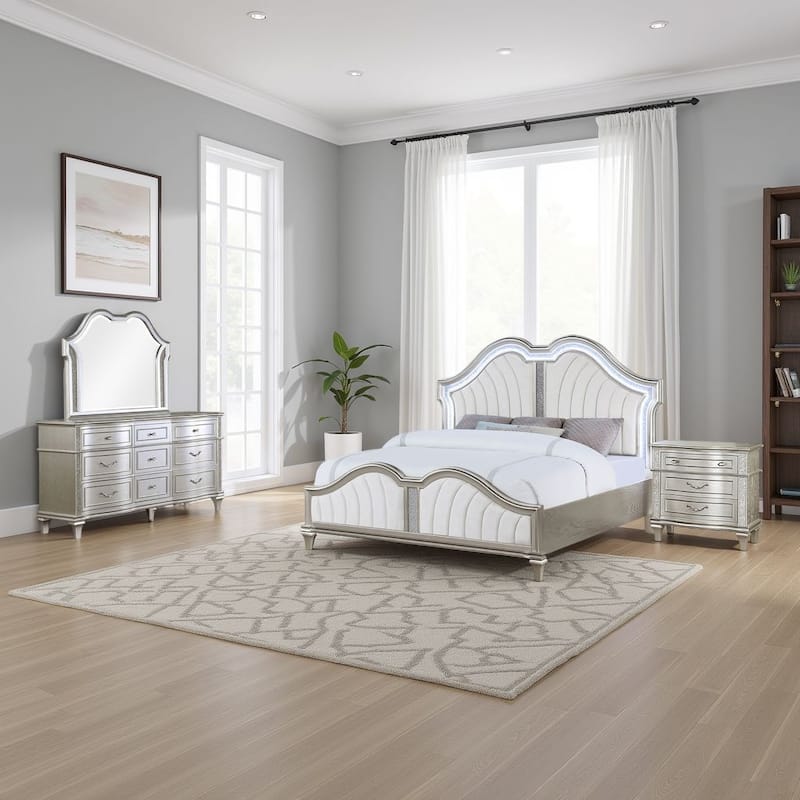 Nive 4pc King Bedroom Set, Silver, Ivory Channel Tufted Upholstery