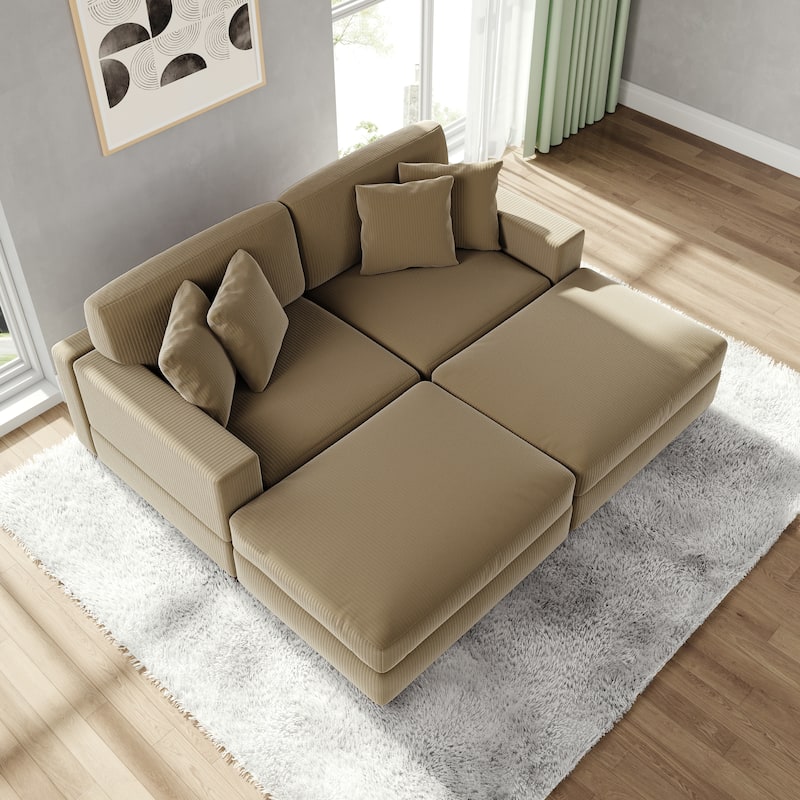Modular Corduroy Sectional Sofa Set Chaise Couch with Ottoman