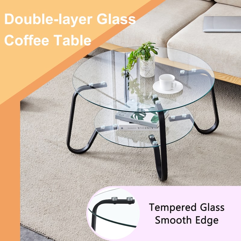 Retro Metal Frame Coffee Table with Double Layer Tempered Glass Minimalist Design