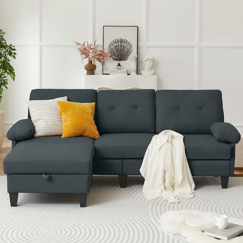 84.45" Wide Sectional Sofa with Ottoman & Side Storage Bags - DarkGrey